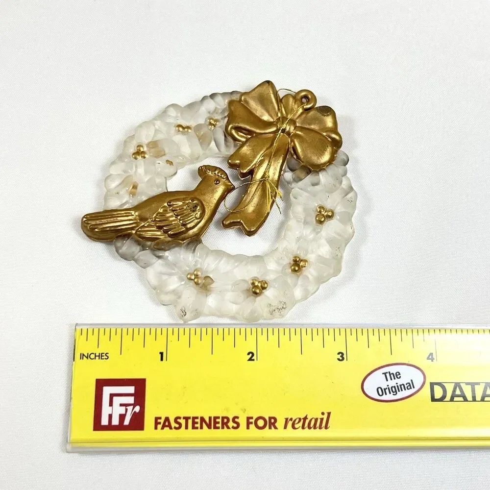 VTG Clear Frosted Acrylic Christmas Ornaments Gold Trim 13pc LOT Santa Dove Bell